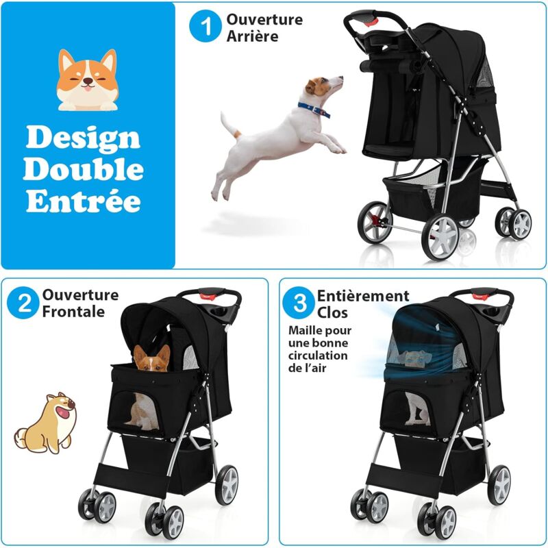 Poussette pour chien, légère, pliable, compacte, portable, jogger,  parapluie, voyage pour animaux de compagnie pour petits chiens et chats de  moins de 17 lb,Noir : : Animalerie