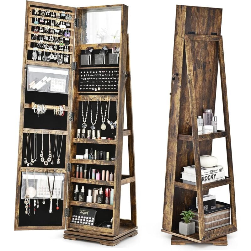 GOPLUS Armoire à Bijoux avec Miroir Plein Longueur,avec étagère de Rangement&Serrure, Organisateur Chambre Pivotante à 360°,Vintage