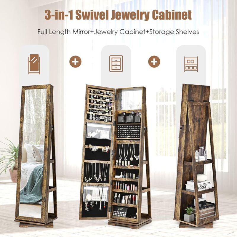 GOPLUS Armoire à Bijoux avec Miroir Plein Longueur,avec étagère de Rangement&Serrure, Organisateur Chambre Pivotante à 360°,Vintage 2