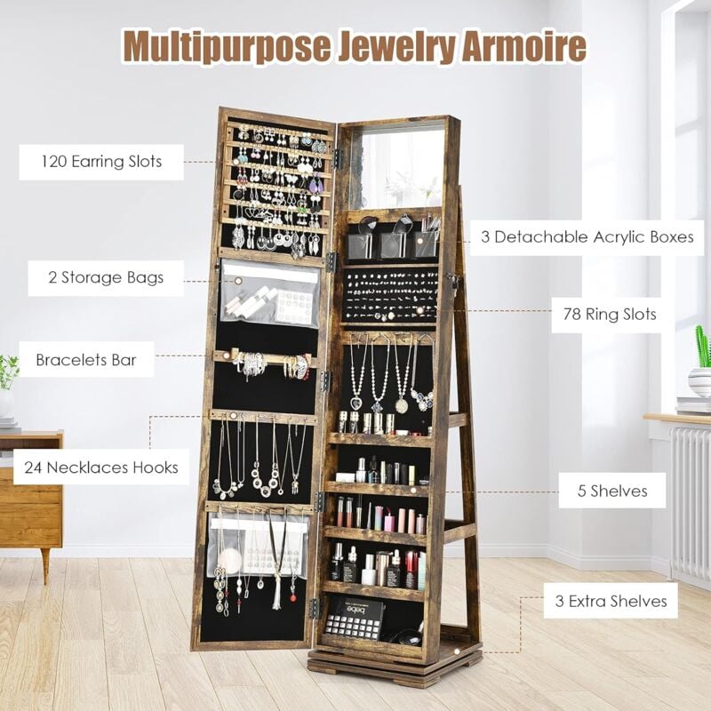 GOPLUS Armoire à Bijoux avec Miroir Plein Longueur,avec étagère de Rangement&Serrure, Organisateur Chambre Pivotante à 360°,Vintage 3