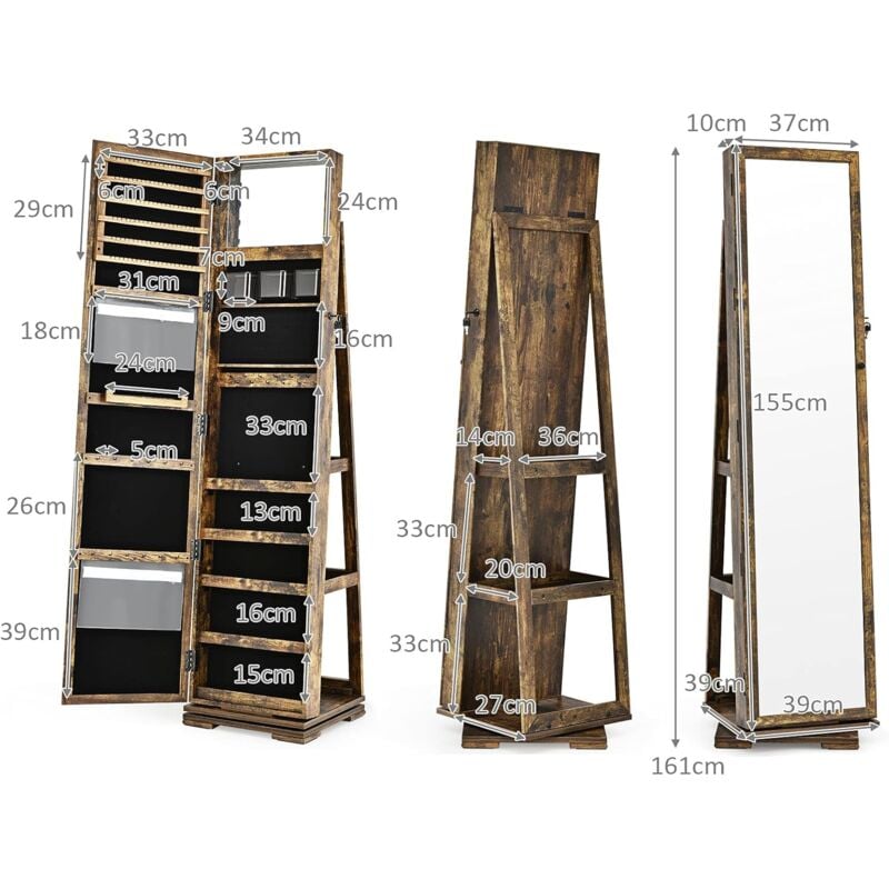 GOPLUS Armoire à Bijoux avec Miroir Plein Longueur,avec étagère de Rangement&Serrure, Organisateur Chambre Pivotante à 360°,Vintage 4