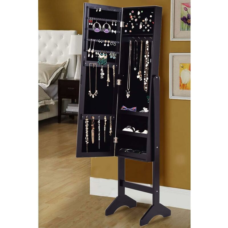 Armoire à Bijoux Avec Miroir Plein Pied - Rangement Organisé Intérieur Flanelle - 36x34x153 Cm Noir