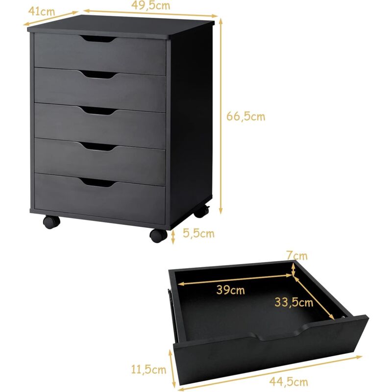 Caisson De Bureau à Roulettes 5 Tiroirs – Armoire De Rangement Blanc 78x39x65 Cm – Idéal Chambre, Cuisine, Salon
