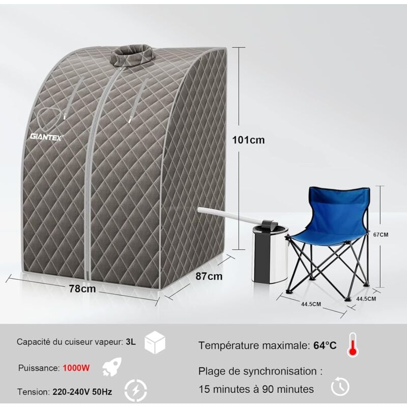 Sauna cabine pliable,3l sauna à vapeur portable avec télécommande, 9  options de minuterie fonction