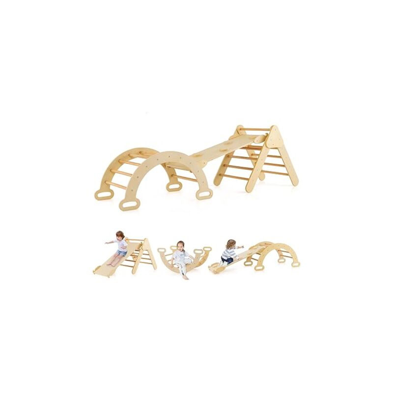 GOPLUS Triangle D'Escalade Montessori 2-en-1 Avec Toboggan – Bois Hêtre Pliable, Charge 50 Kg – Parcours Intérieur Pour Enfants 1+ Ans – Naturel