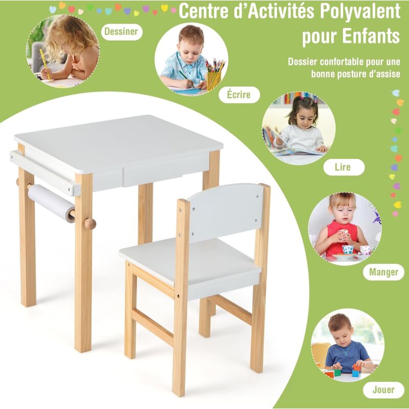 Table à Dessin Enfant Avec Chaise En Bois - Tableau Noir/blanc, Rouleau De Papier, étagères, Naturel