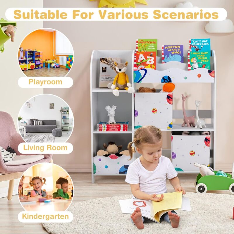 Étagère De Rangement Enfant 5 Étagères + 2 Tiroirs - Thème Astronaute, Pour Jouets Et Livres