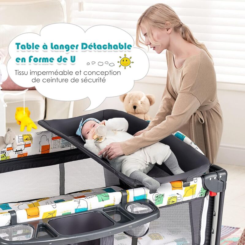 GOPLUS Berceau Bébé 3 En 1 Lit Cododo Portable - Hauteur Réglable, Matelas Amovible, Gris