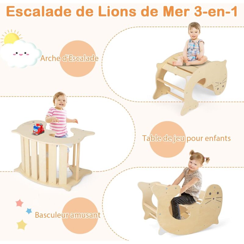GOPLUS Triangle Escalade Montessori 6 En 1 - Échelle Pliable + Toboggan + Bascule Lion De Mer + Rampe - Bois - 3-14 Ans 60kg