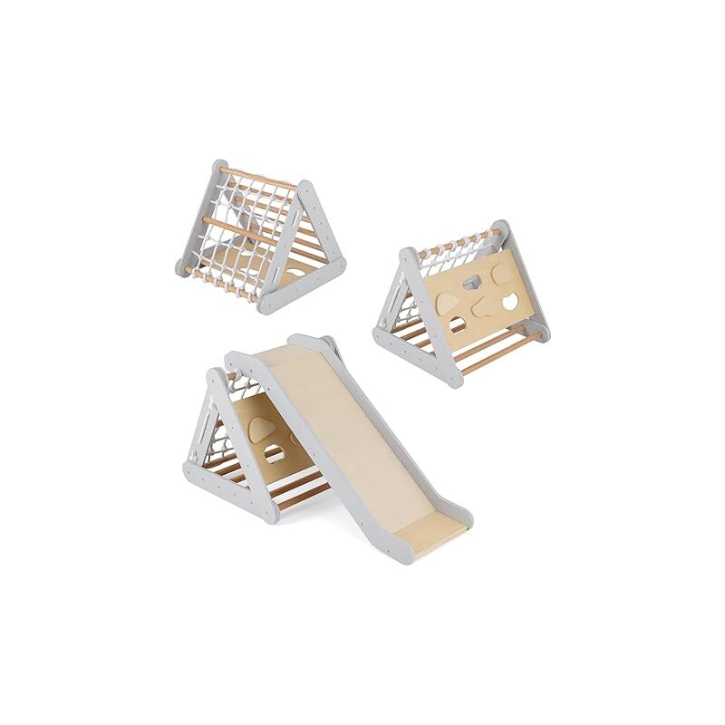 GOPLUS 4-en-1 Triangle D’Escalade Montessori – Avec Toboggan, Filet D’Escalade, Barres De Singe Et Espace Repos – Bois De Hêtre – Charge 50 Kg – Dès 1 An (Naturel)