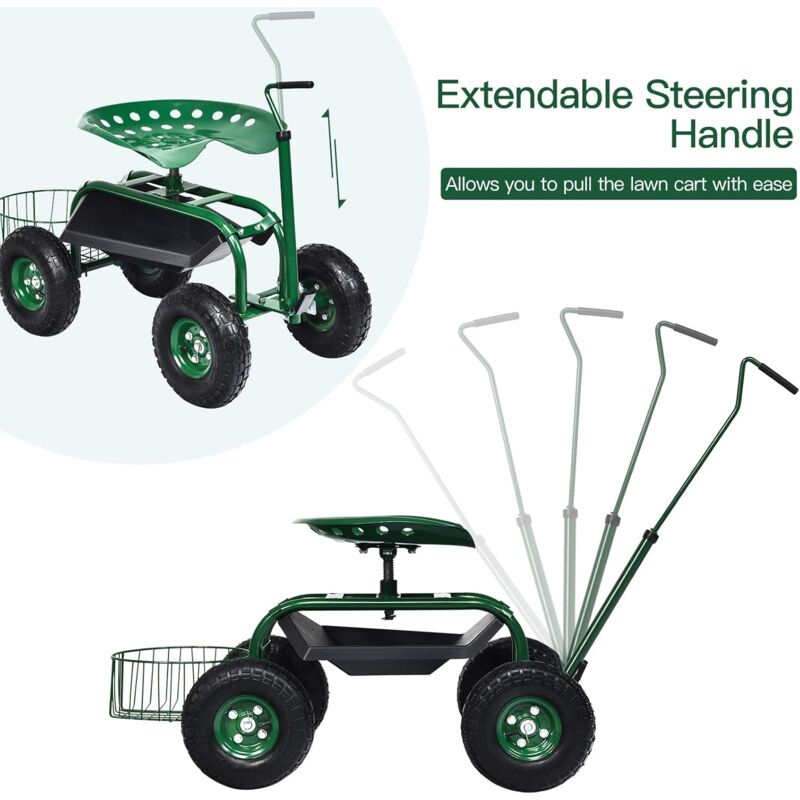 Siège Roulant De Jardin Makamsui - Hauteur Réglable, Pivotant 360°, Avec Panier Rangement