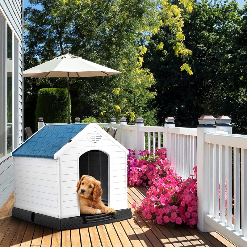 Chenil Pour Petits Chiens 68x55x66cm Avec Toit Coulissant - Intérieur Extérieur Bleu Blanc