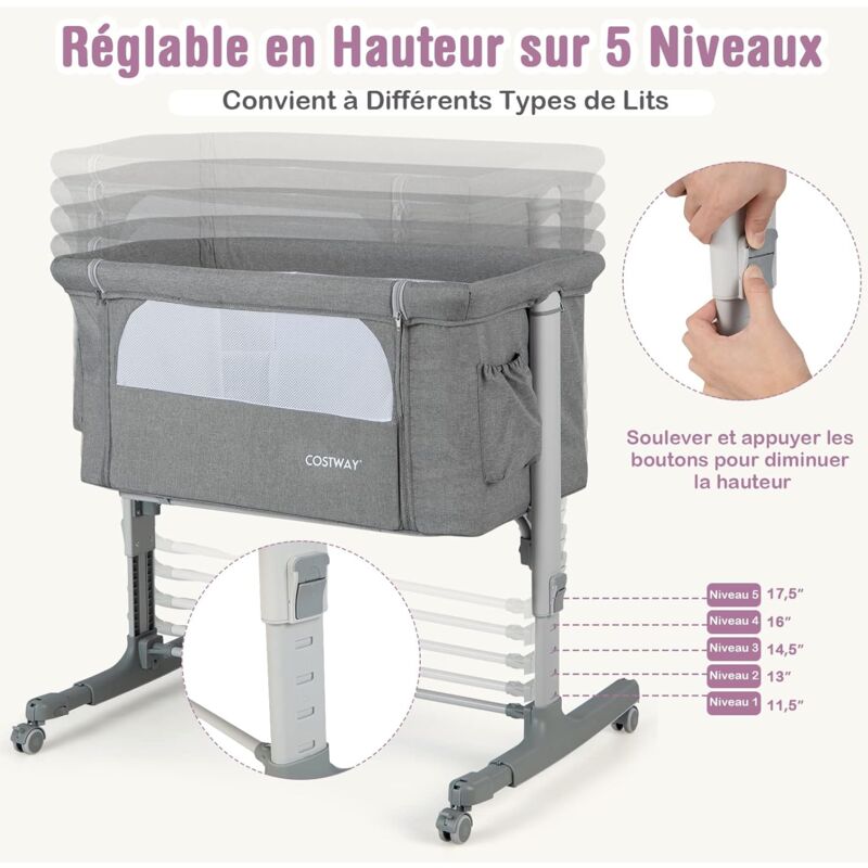 GOPLUS Berceau Bébé 3 en 1, Lit Cododo Portable avec Mode Berceau, Matelas Amovible, Hauteur Réglable, Poches de Rangement et Roues Verrouillables, Lit de Voyage pour Nouveau-né (Beige