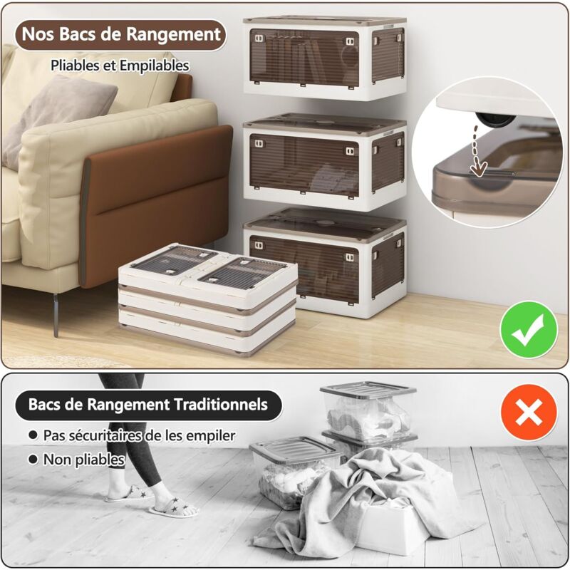 Lot De 3 Boîtes De Rangement Empliable, Portes Transparentes 4 Roulettes Universelles 2 Ouvertures Armoire Pliable En Pp Avec Convercle 75 L 96690620