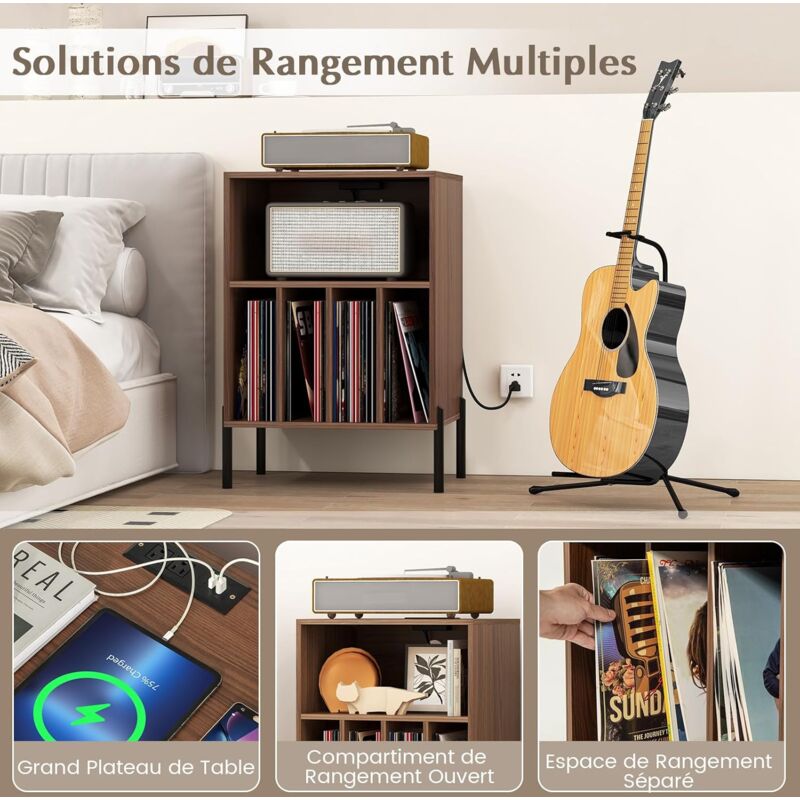Meuble Tourne-disque GOPLUS - Station De Charge 2 Prises + 2 USB, Séparateur Amovible, étagère, 66x45x67 Cm