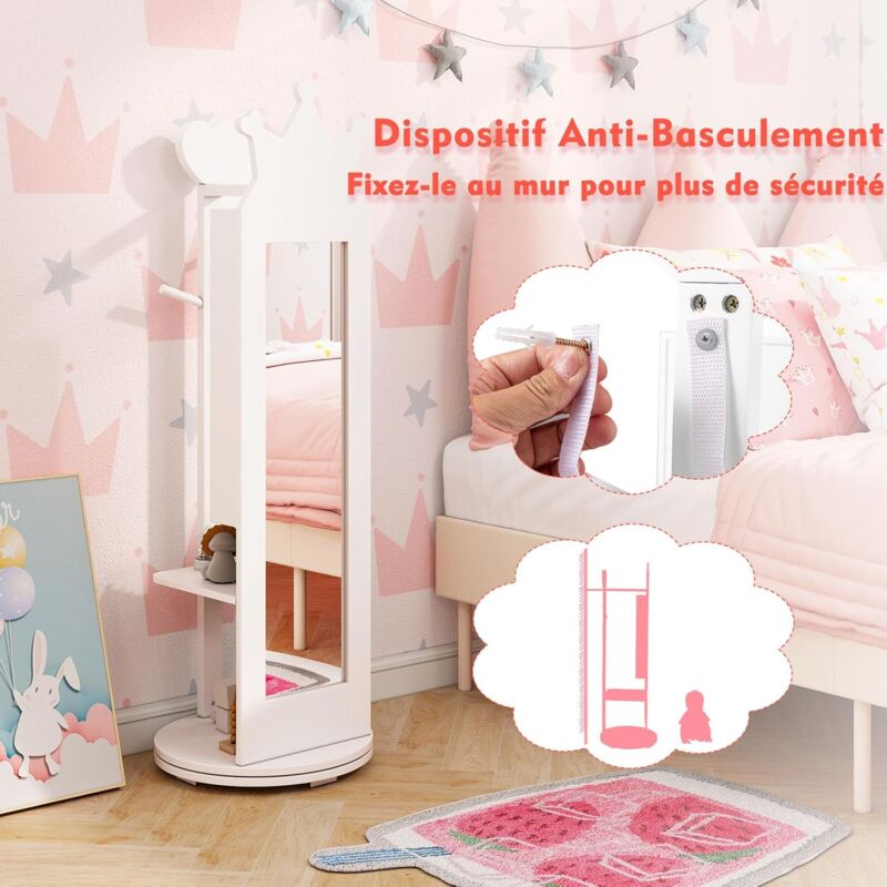 GOPLUS Armoire à Bijoux Mobile avec Miroir Pleine Longueur-avec Serrure-Lumières Led 3 Couleurs-Miroir de Courtoisie Intégré Blanc