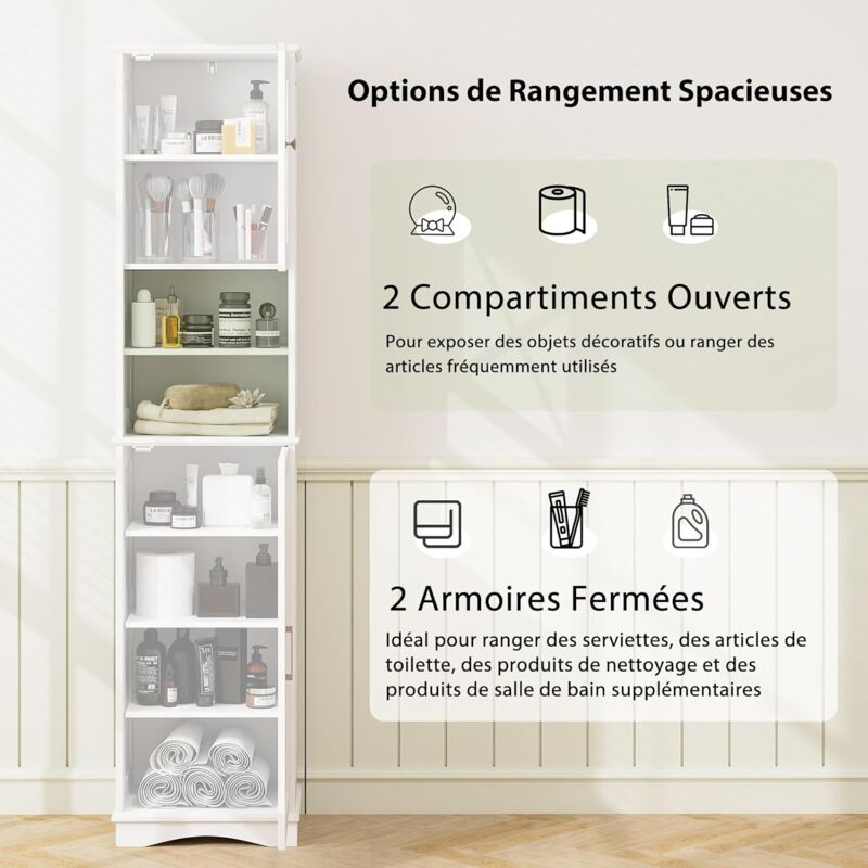 GOPLUS Armoire Haut Rangement Salle De Bain 40x30x170,5cm - Porte Acrylique Étagères Réglables Noir