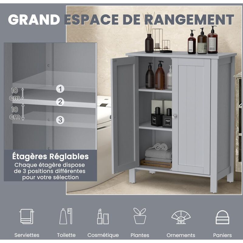 Meuble Salle De Bain GOPLUS Sur Pieds - Armoire Rangement 2 Portes 3 Étagères Réglables, 60x30x80.5cm Blanc/Gris, Anti-Basculement