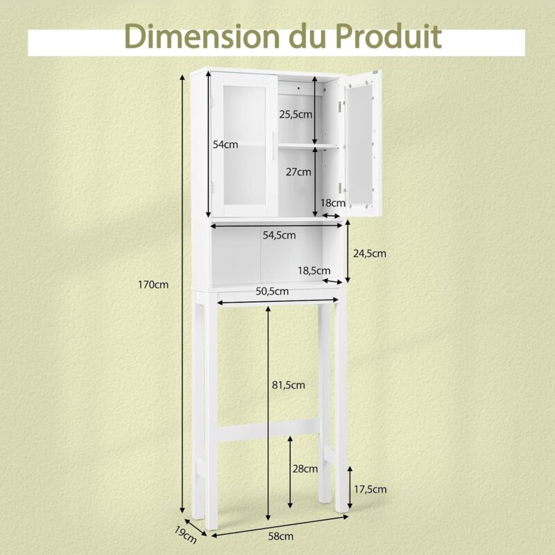 GOPLUS Meuble WC Au-dessus Des Toilettes – Étagère Salle De Bain 2 Portes Persiennes + Étagère Ouverte, Anti-basculement, Blanc 66x25,5x157 Cm