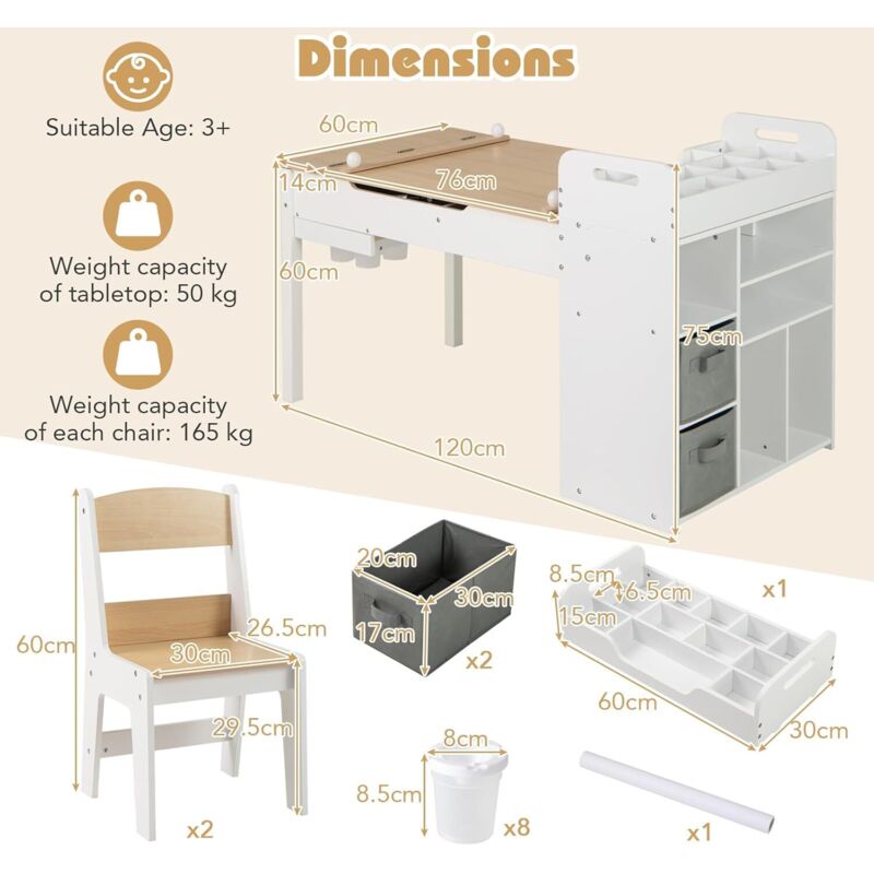 Bureau Enfant Avec Chaise Et Plateau Inclinable - Rangement Intégré, Crochet - En Bois, Pour 3 Ans Et Plus