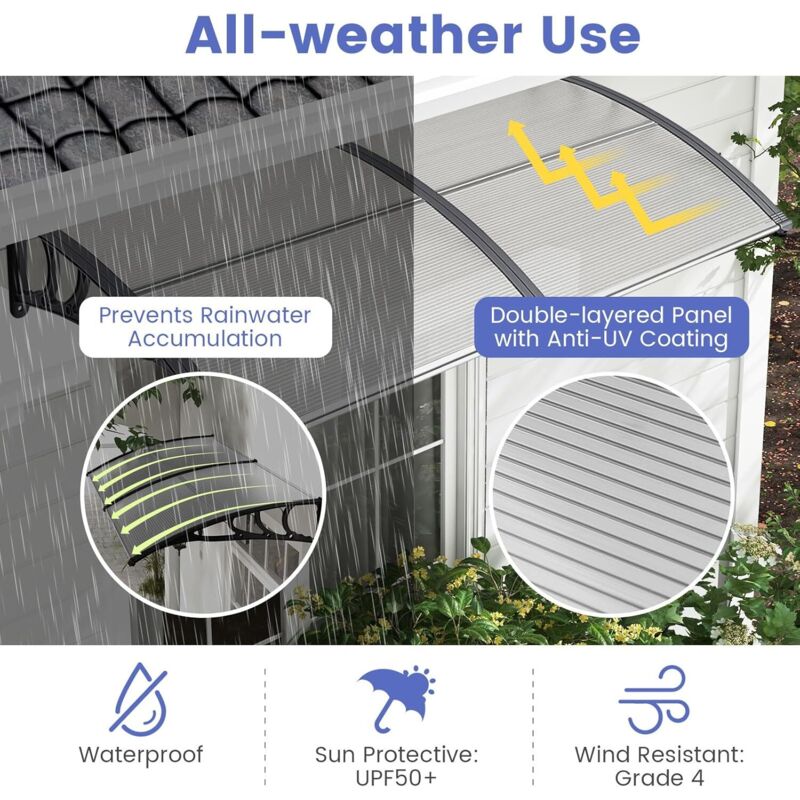 Auvent De Porte-Fenêtre GOPLUS 199x99cm - Protection Solaire UPF50+, Résistant Vent/Pluie, Support ABS - 9