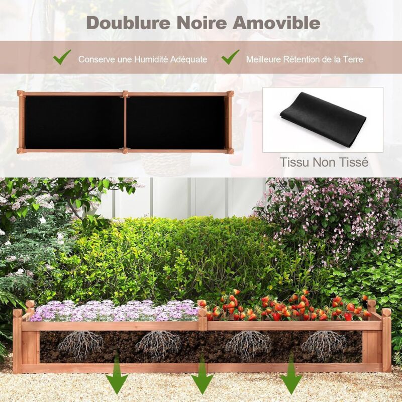 Carré Potager Surélevé En Bois De Sapin 240x60x25 Cm - Sans Fond, Drainage Optimal, Pour Légumes & Fleurs