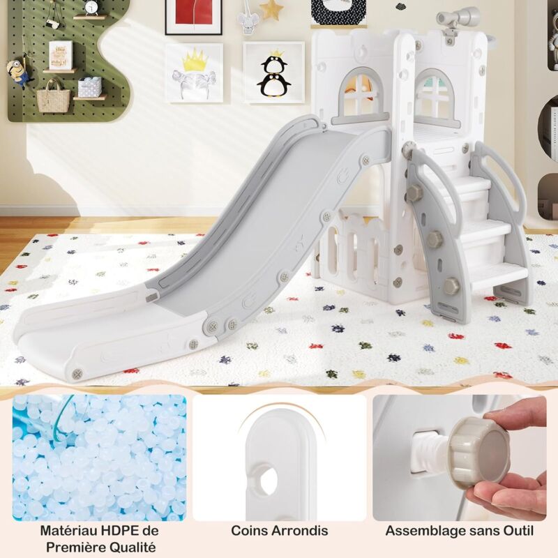 Toboggan Intérieur Enfants GOPLUS 6 En 1 Avec Panier De Basket Et Télescope - Aire De Jeux Pour Tout-Petits 1-3 Ans (Rose, 69x145x85 Cm)
