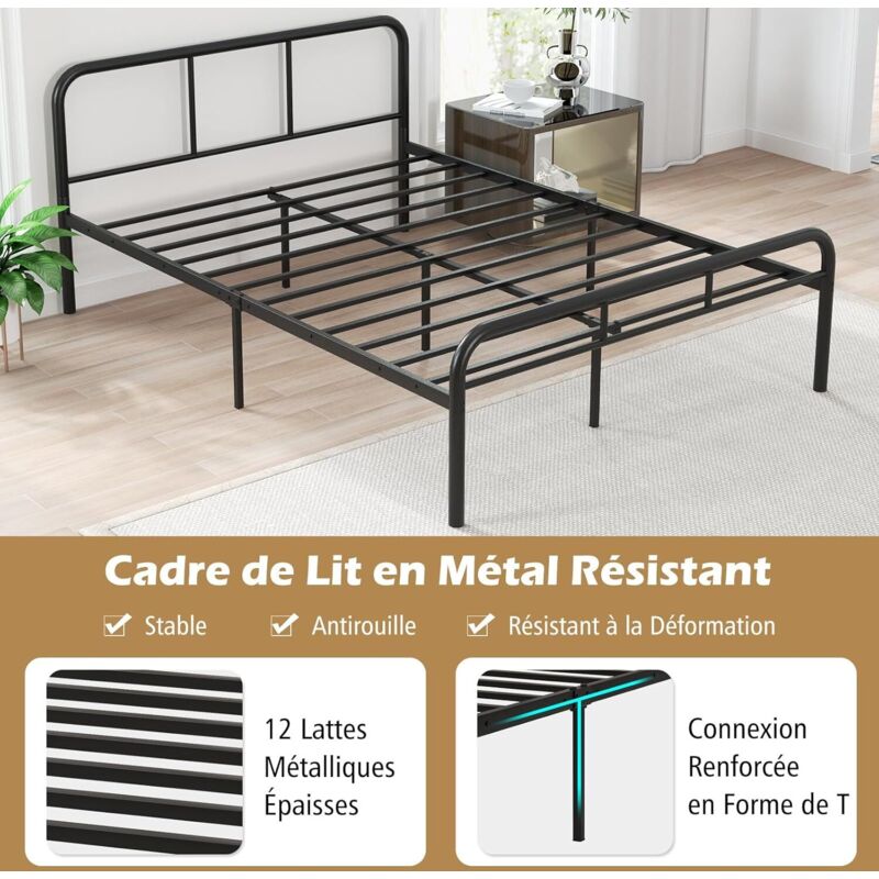 GOPLUS Cadre de Lit Plateforme avec Tête de Lit Capitonnée 140X200CM, Lit Double Style Moderne avec Sommier à Lattes en Bois Massif, Patins Réglables, Charge 450 KG(Gris|Coin carré, 140X200CM