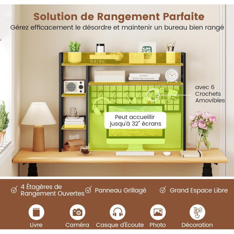 GOPLUS Étagère De Bureau Multifonction 94x25x73,5 Cm – Tablette Ordinateur + 4 Étagères + 6 Crochets – Style Café – Rangement Chambre/Bureau