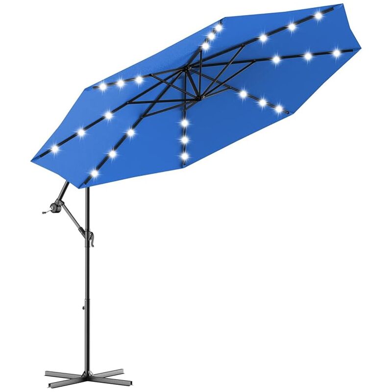 Parasol Déporté 3M LED Solaire 40 Lampes Inclinable Manivelle 8 Baleines Base Croisée - Jardin Patio Terrasse Plage