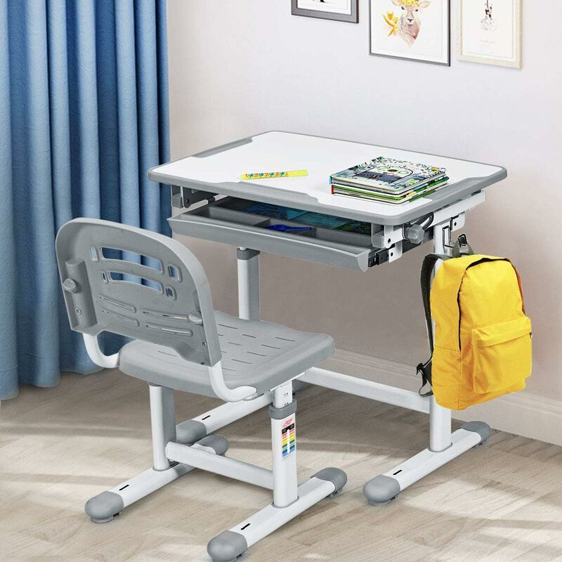 Bureau Et Chaise Enfant Réglable HOMCOM - Casier Rangement - Support Livre - 6-12 Ans - Gris