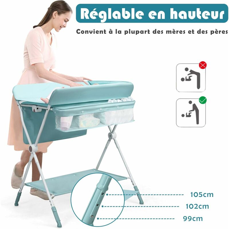 Table à Langer Multifonctions Pliante pour Bébé 0-12 Mois avec Panier de  Rangement et 4 Roues Universelles avec Frein Bleu - Costway