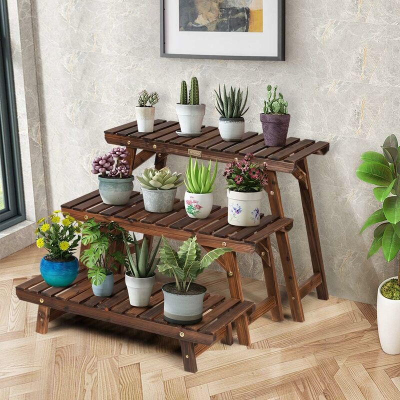 GOPLUS Support De Plantes 4 Étagères En Bois - Étagère à Fleurs 5 Tablettes - Porte-plantes Intérieur Et Extérieur 99x25x64,5cm
