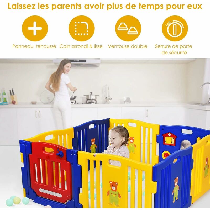 Costway 8 pcs parc bébé pliable, barrière de sécurité, parc en  plastique,porte et jouet extensible pour enfant de 6 à 36 mois,157x157x63cm  bleu+jaune - Conforama