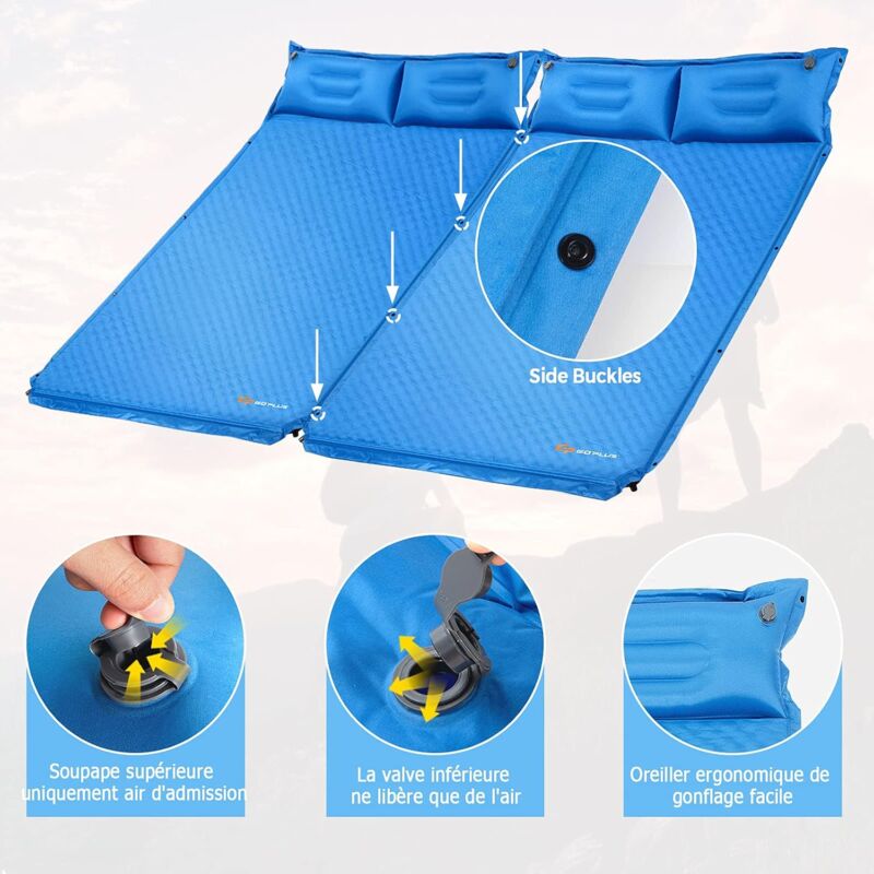 Matelas de camping double auto-gonflant avec oreiller - Matelas gonflable pour randonnée, voyage, randonnée, camping - Bleu - 192 x 157 x 5 cm