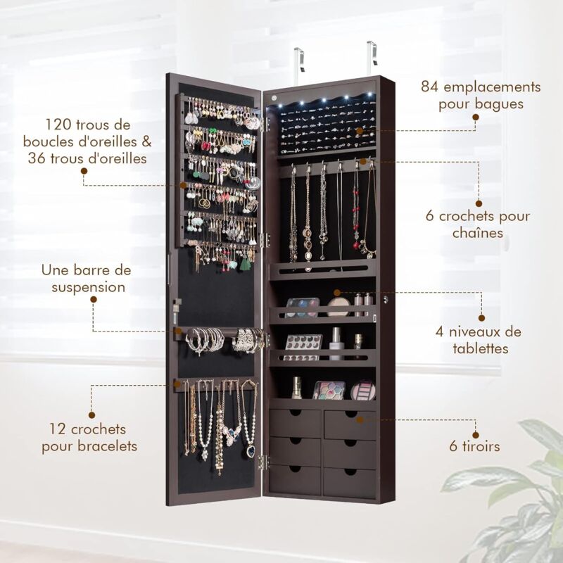Armoire à Bijoux Murale Avec Miroir Plein Longueur Et Lumière LED - Rangement Verrouillable Blanc, 120 Cm