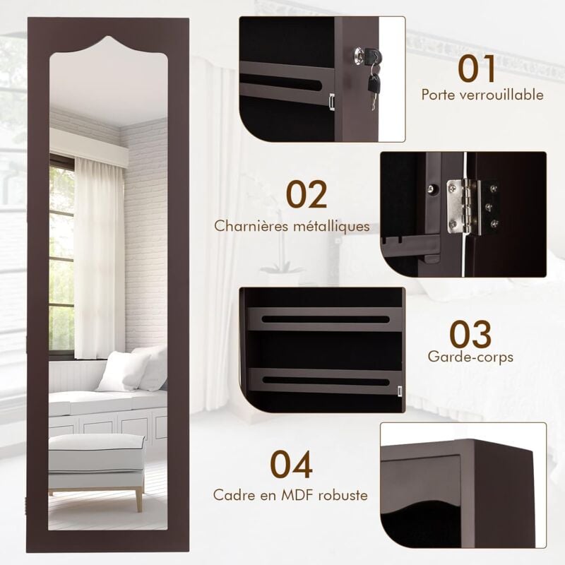 Armoire Bijoux Verrouillable Armoire à Bijoux Avec Miroir Pleine Longueur GOPLUS - Organisation Rangement LED - Verrouillable - Murale Ou Porte - Marron Armoire Bijoux Miroir