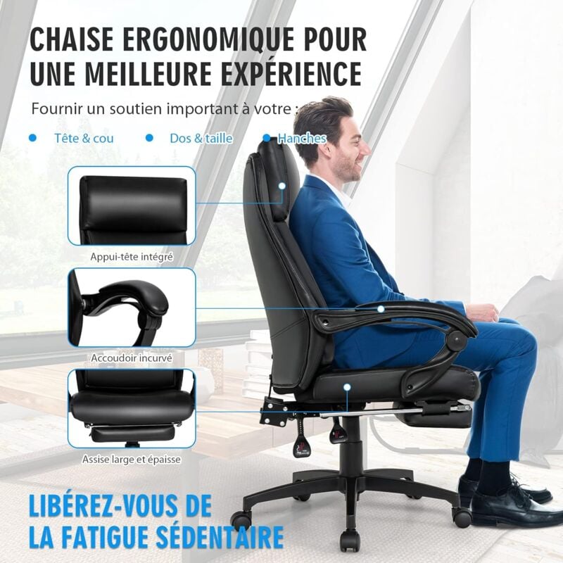 HOMCOM Fauteuil de bureau à roulettes chaise manager ergonomique pivotante  hauteur réglable lin 62 x 62 x 119 cm kaki