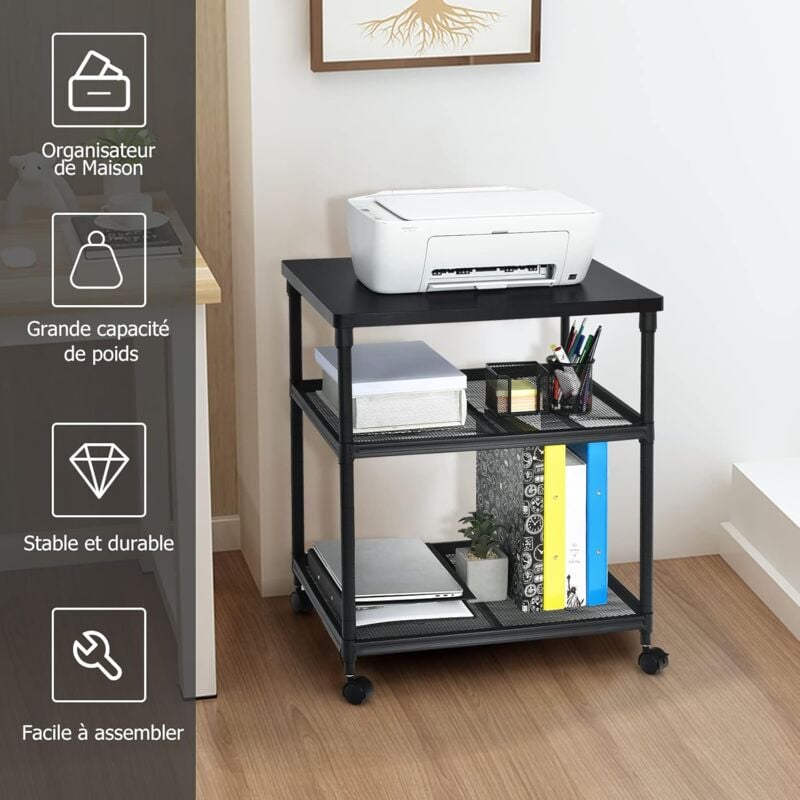 COSTWAY Meuble Support d'Imprimante à 3 Niveaux à roulettes 60x51x69cm,  Chariot Mobile Hauteur Réglable Charge