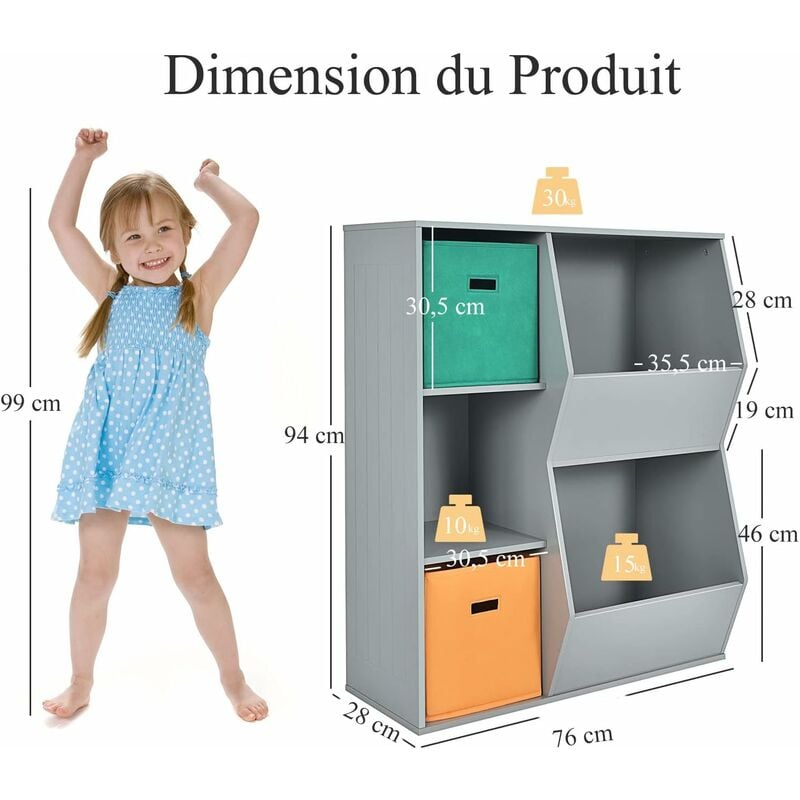 Costway meuble de rangement avec espace de rangement spacieux, bibliothèque  pour enfant à jouets livres, avec dispositif anti-basculement, meuble de  rangement pour chambre, salon, 76x35,5x94 cm (blanc) - Conforama