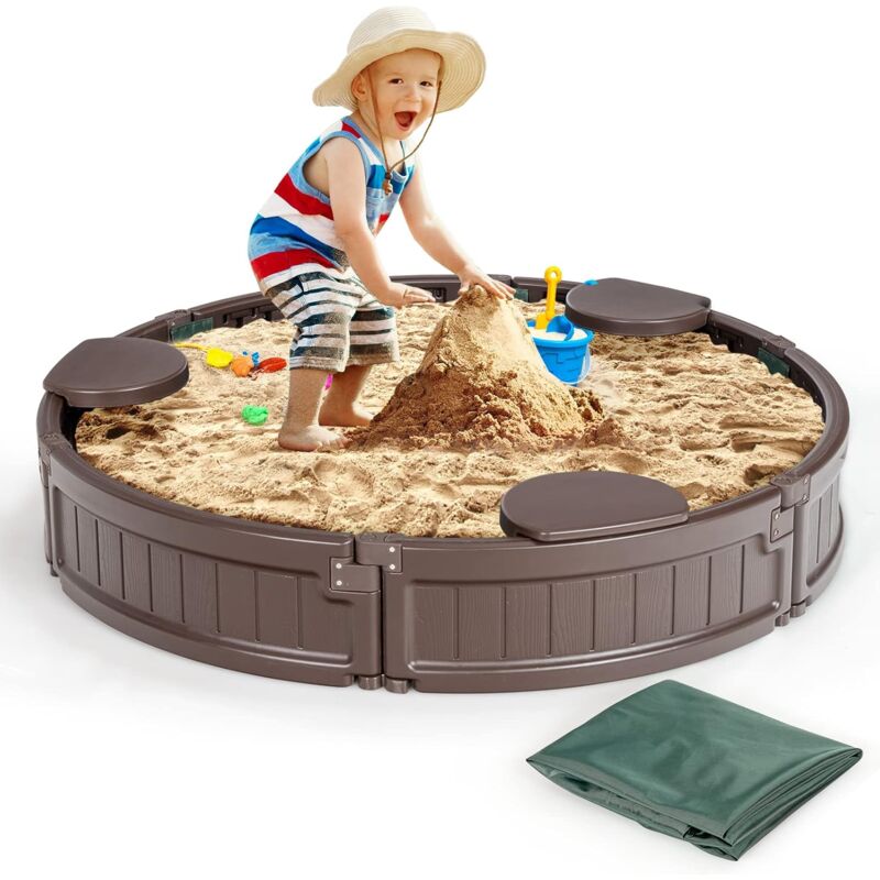 GOPLUS Bac à Sable Pour Enfants Avec 3 Sièges, Rond Avec Couvercle Imperméable, Idéal Jardin & Plage - Dès 3 Ans
