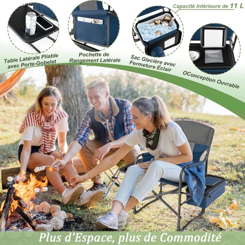 Chaise de Camping Pliante avec Table Latérale et Sac Isotherme Charge 180KG  Sac de Rangement Sangle Portable Bleu - Costway