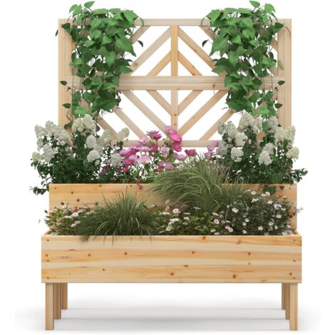 GOPLUS 2 en 1 Jardinière Surélevée avec Treillis en Bois à 2 Niveaux pour Vigne, Bac à Fleurs avec Trou de Drainage pour Légumes, Fruits, Herbes, Fleurs, pour Patio, Balcon, Terrasse (1/5)