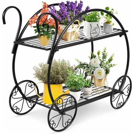 GOPLUS Porte-Plante en Métal Décoratif à 2 Niveaux en Forme de Chariot, Support de Plantes avec Structure Robuste, pour Jardin, Terrasse, Balcon, Cour, Charge 20 KG (1/5)