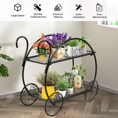 Étagère à Plantes Roulante 2 étages En Métal - Support Déco Intérieur/extérieur Pour Salon, Balcon, Jardin