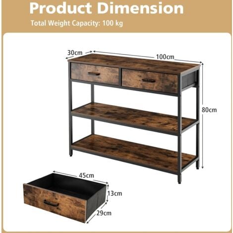 GOPLUS Table Console Industrielle avec 2 Tiroirs Amovibles et Pliables, Cadre Métallique, Anti-Basculement, Table d'Entrée à 3 Niveaux pour Salon, Couloir, Chambre,100X30X80 CM, Marron Rustique
