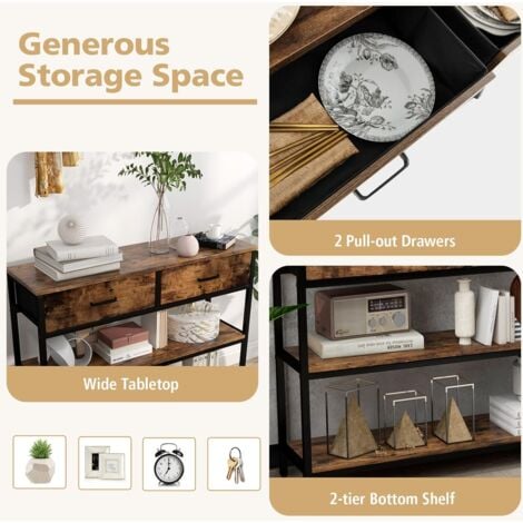GOPLUS Table Console Industrielle avec 2 Tiroirs Amovibles et Pliables, Cadre Métallique, Anti-Basculement, Table d'Entrée à 3 Niveaux pour Salon, Couloir, Chambre,100X30X80 CM, Marron Rustique