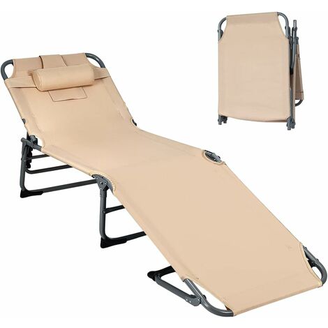 GOPLUS Chaise Longue Extérieur Pliante, Transat Réglable à 5 Positions,Charge 150KG,avec Trou de Visage & Appui-tête Amovible, Beige (1/5)