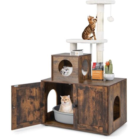 Goplus – Arbre à chat avec bac à litière caché – Coussin moelleux – Griffoir en sisal – Dimensions 77,5 x 49 x 132 cm – Marron rustique