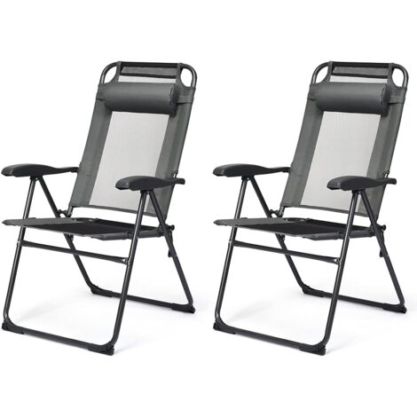 GOPLUS Lot de 2 Chaises de Jardin Inclinables à 7 Niveaux, Chaise Pliante avec Appui-tête Amovible & Siège Large,Charge 136 KG,Gris (1/5)